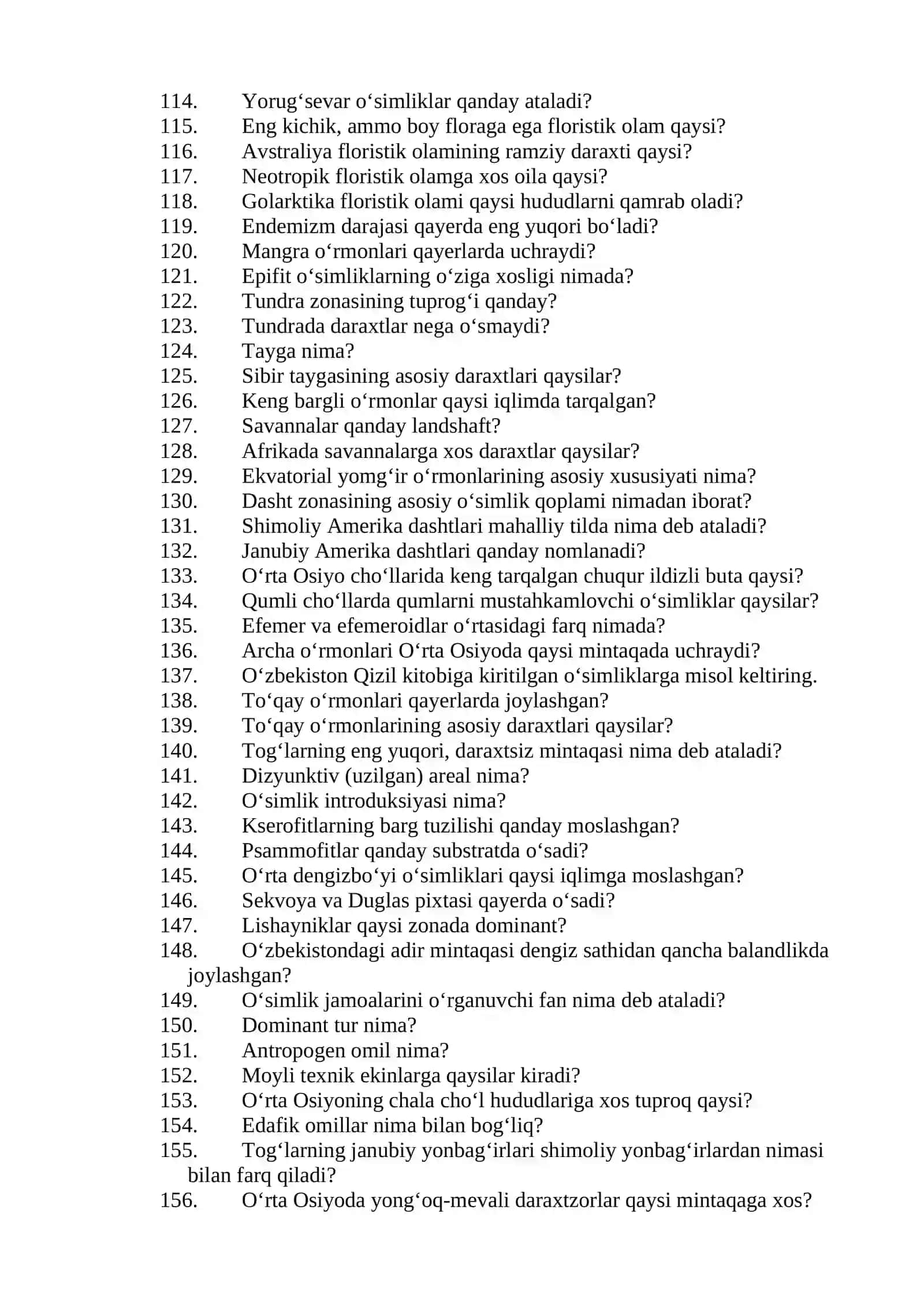O‘SIMLIKLAR GEOGRAFIYASI FANIDAN TEST SAVOLLARI 4