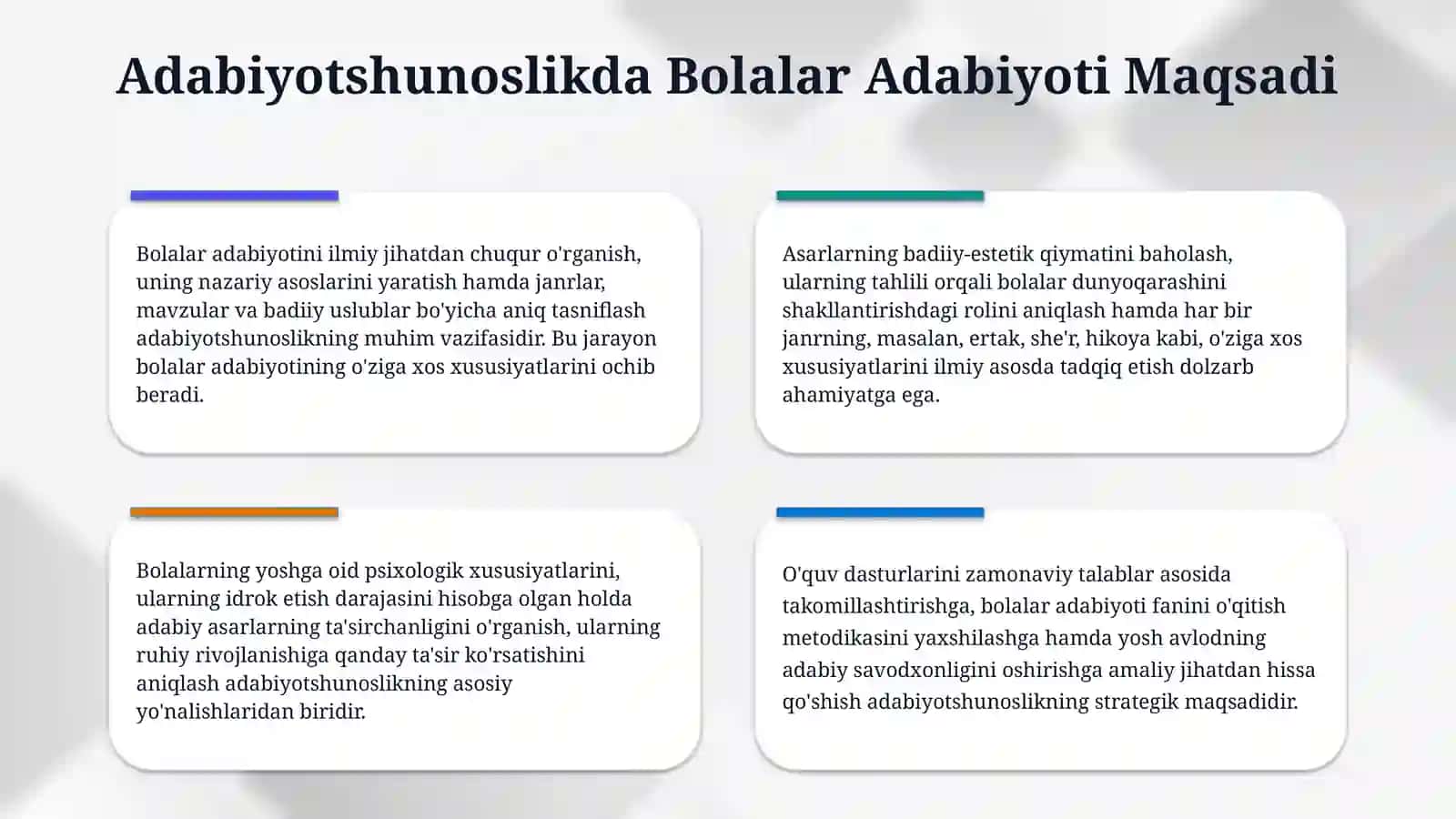 Adabiyot (bolalar adabiyoti) fanining maqsad va vazifalari. Ozbek bolalar adabiyoti istilohi va uning paydo bolishi. 4