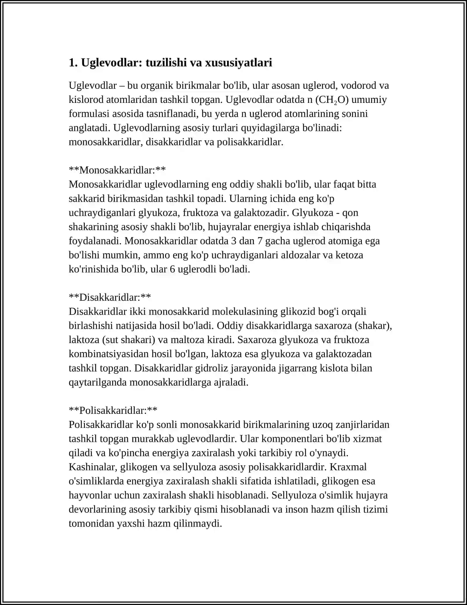 Uglevodlar mavzusi bo'yicha mustaqil ish 4