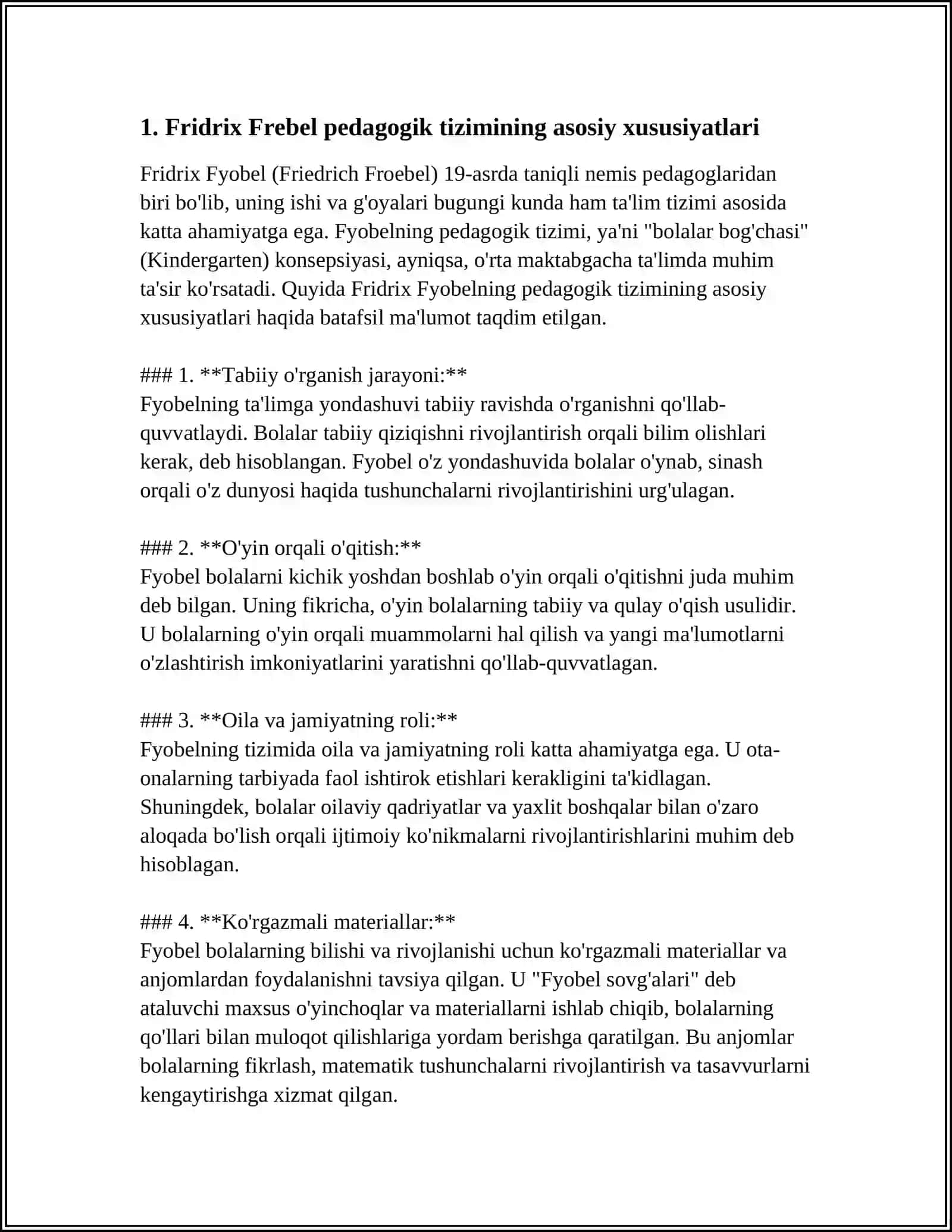 Fridrix Frebel pedagogik tizimining asosiy xususiyatlari 4