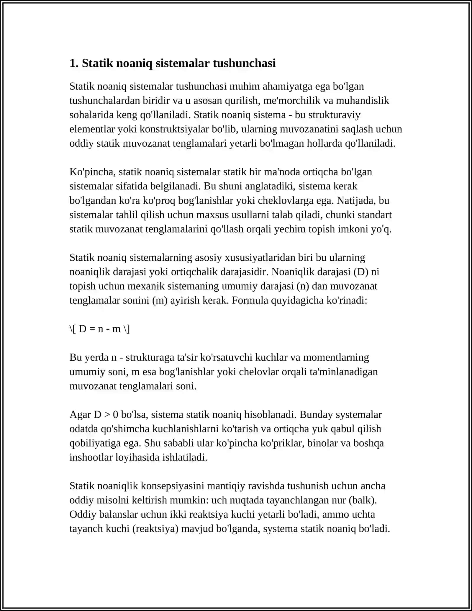 STATIK NOANIQ SISTEMALARNI YECHISH USULLARI 4