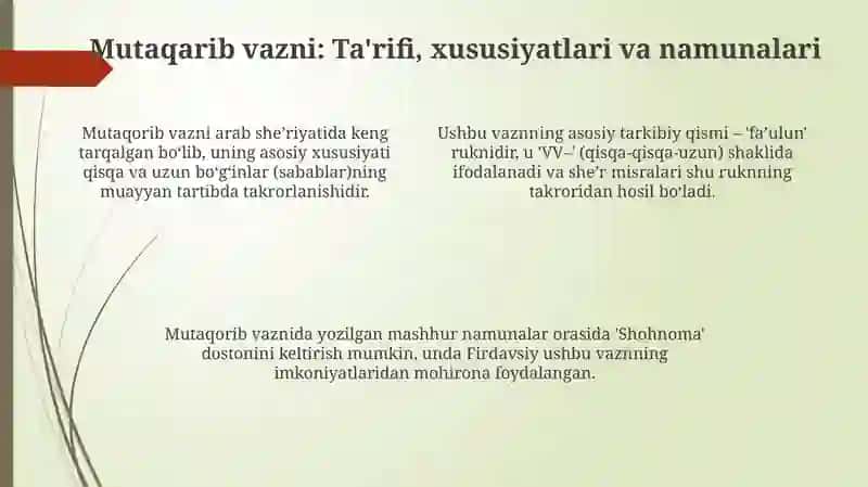 Mutadorik va Mutaqorib vaznlari 4
