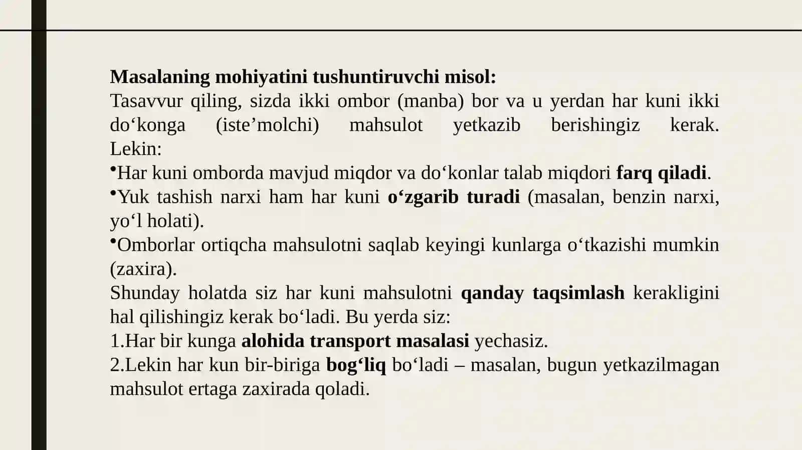Dinamik transport masalasini modellashtirish va yechish 4