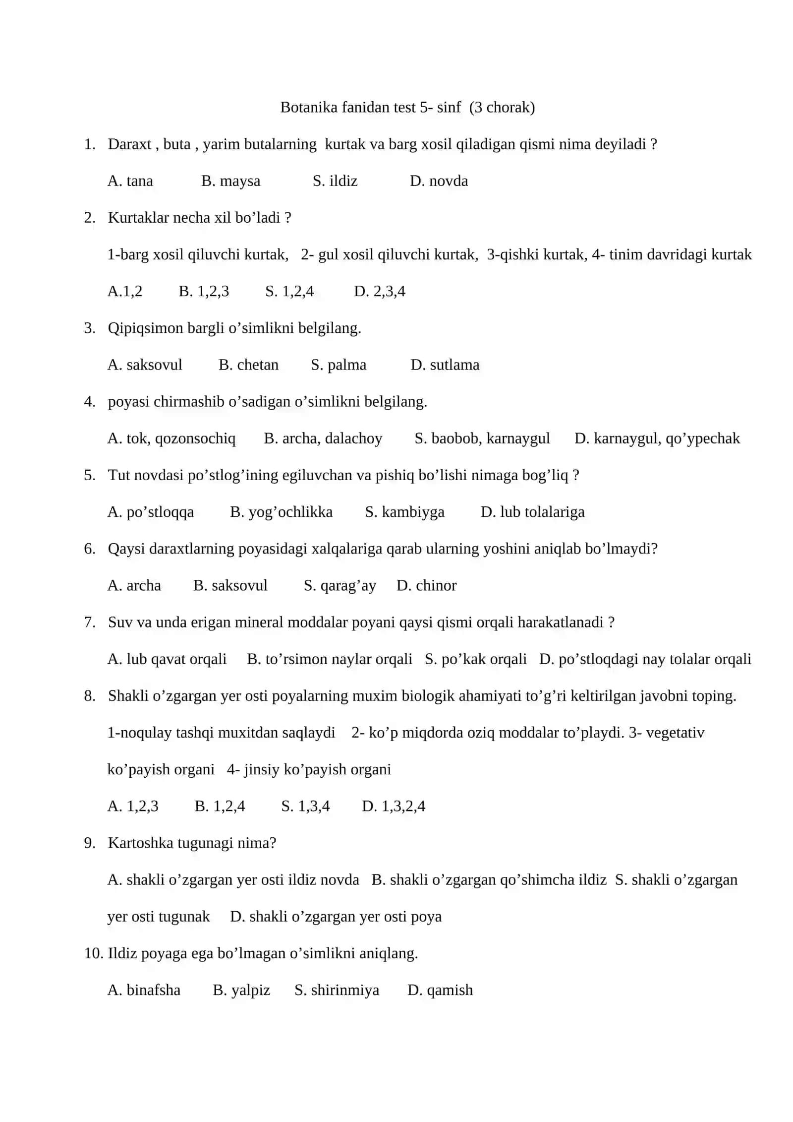 Biologiya fanidan 1-4 chorak testlar 4