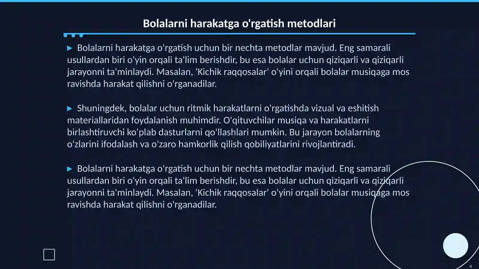 Bolalarni ritmik musiqaviy harakatlarga o'rgatish 4