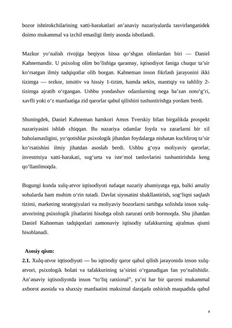 Xulq - atvor iqtisodiyoti: D. Kahneman 4