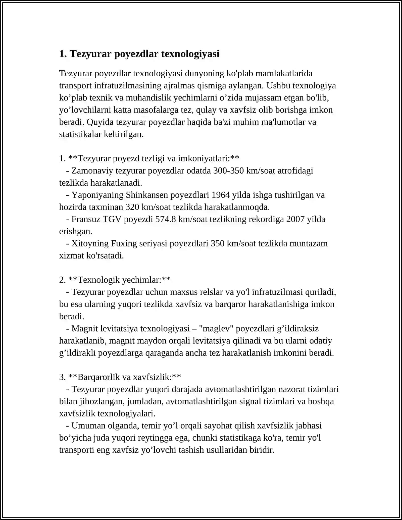TEZYURAR, YUQORI TEZLIKLI TEMIR YO'LLAR UCHUN HARAKAT VOSITALARI 4