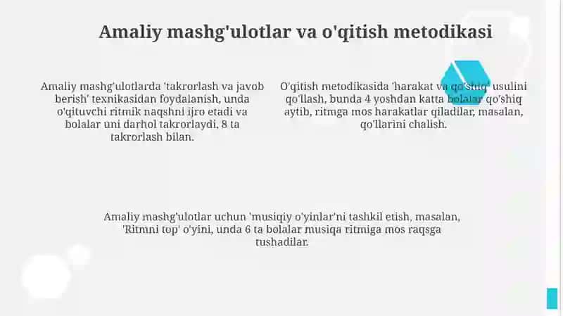 Musiqiy - ritmik faoliyatlarini shakllantirish uslubi 4