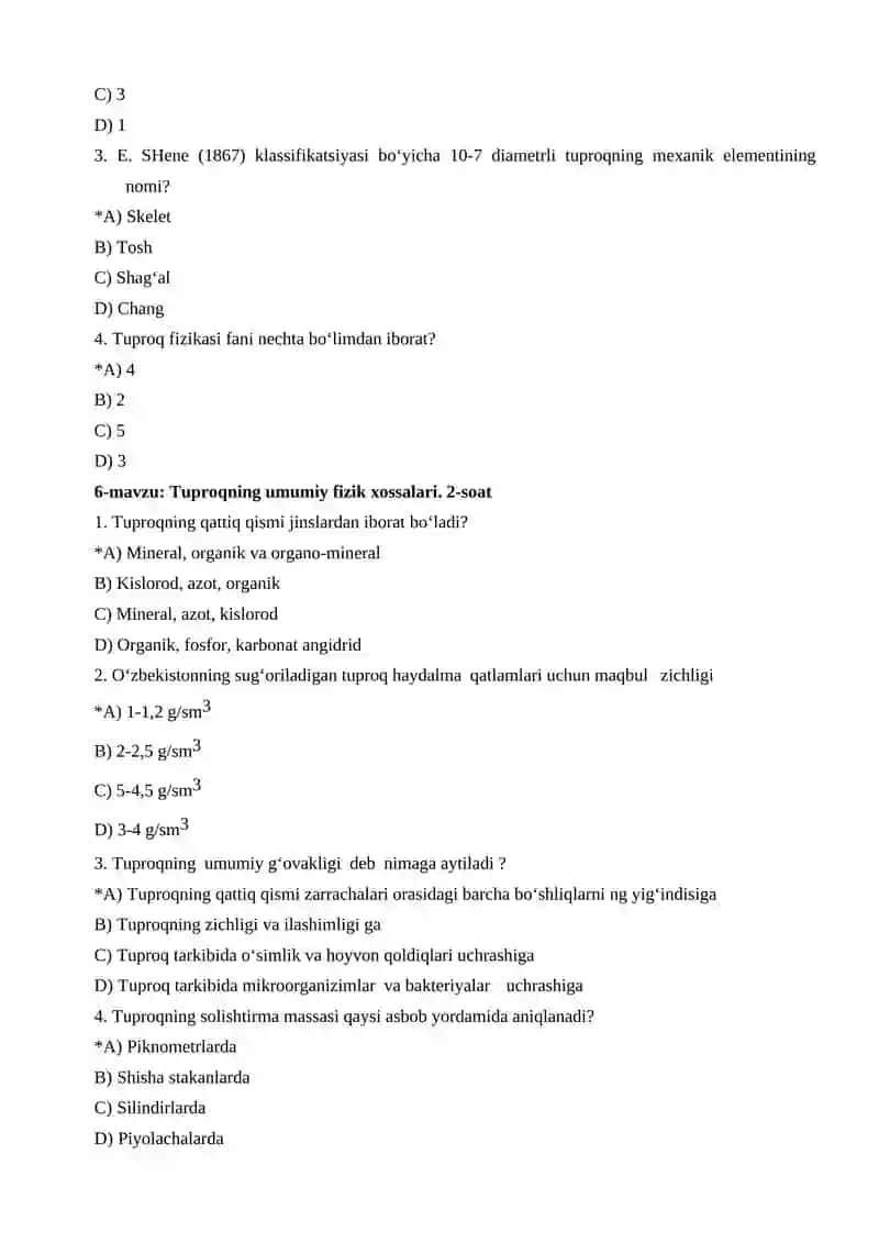 Tuproq fizikasi fanidan test 4