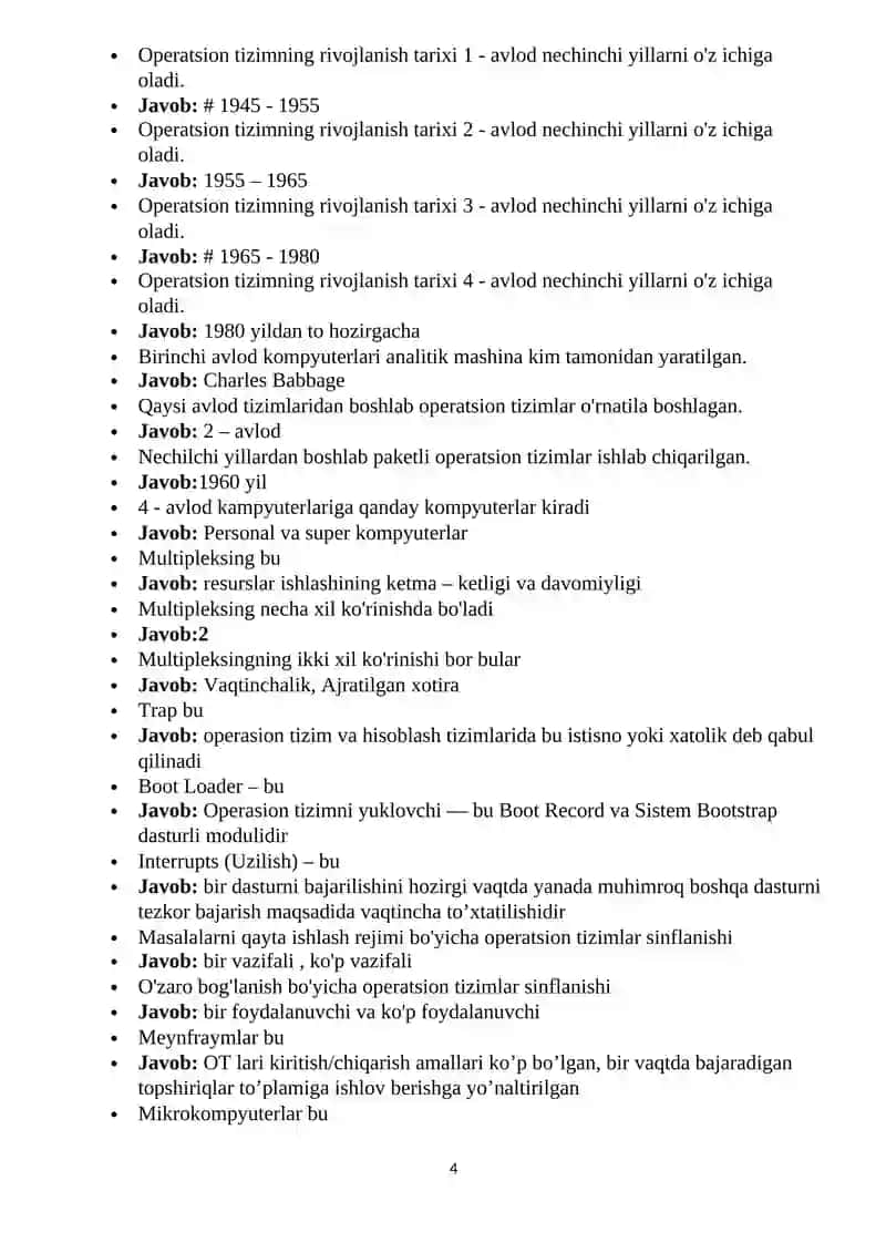 Operatsion tizimlar fanidan testlar 4
