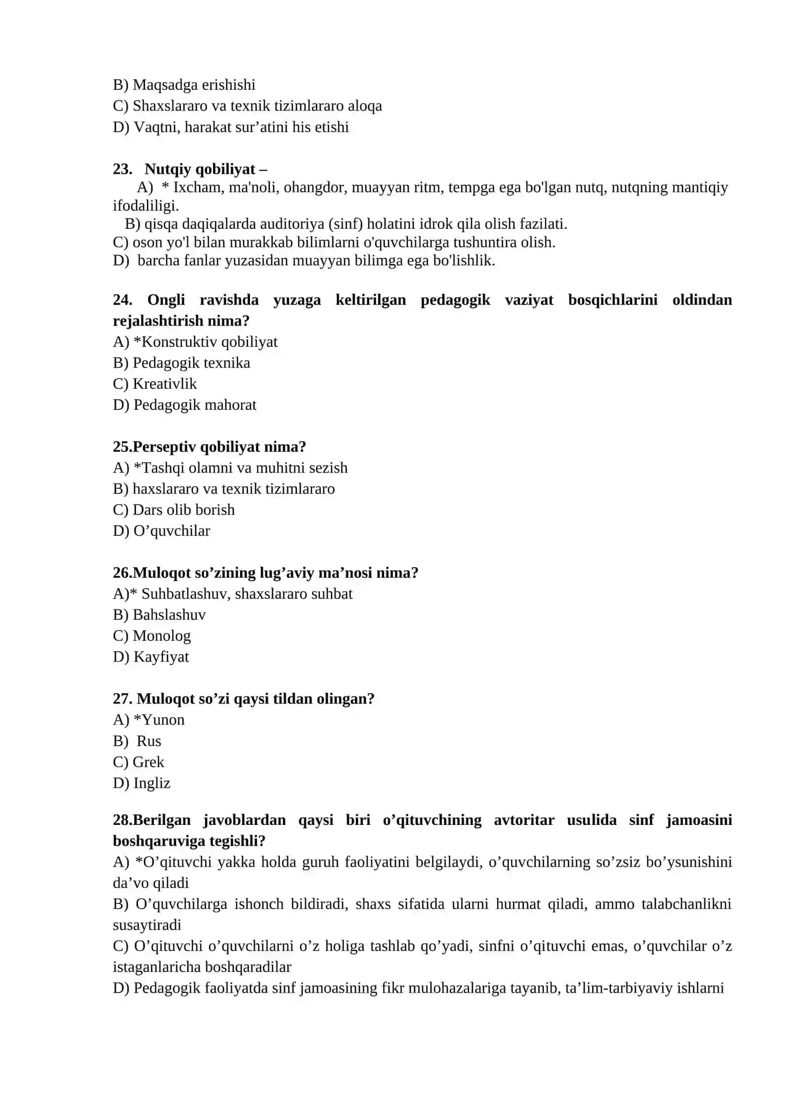 PEDAGOGIK MAHORAT FANIDAN TEST SAVOLLARI 4