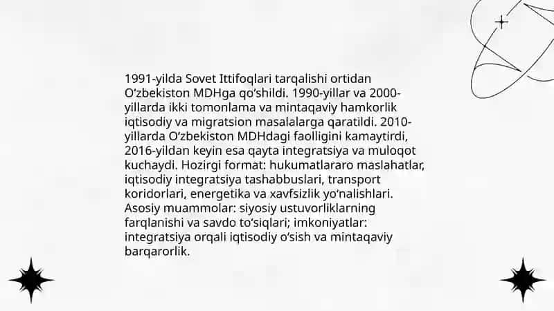 Oʻzbekistonning SHHT MDH AQSH munosabatlari 4