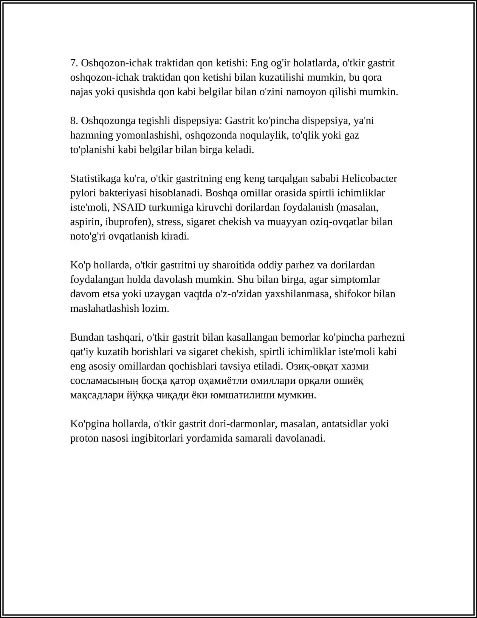 REFERAT: GASTRITLAR SIMPTOMATLOGIYASI (O'TKIR VA SURUNKALI)ME 'DA VA 12 BARMOQ ICHAK YARA KASALLIGI SIMPTOMATOLOGIYASI 4