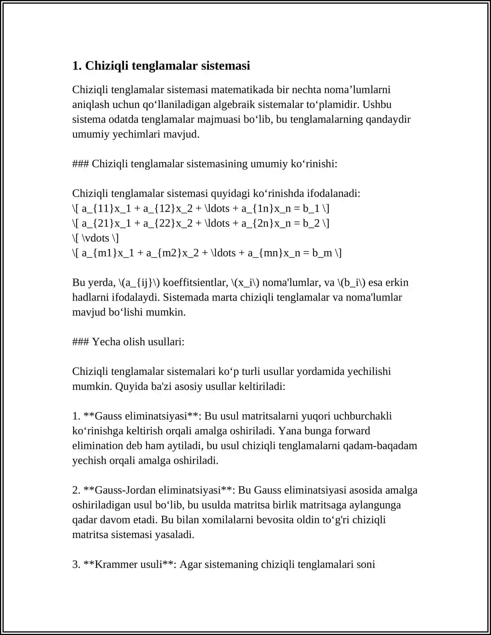 MASHINALI O'QITISH UCHUNCHIZIQLI ALGEBRA. CHZIQLI ALGEBRA MASALALARINI DASTURLASH 4
