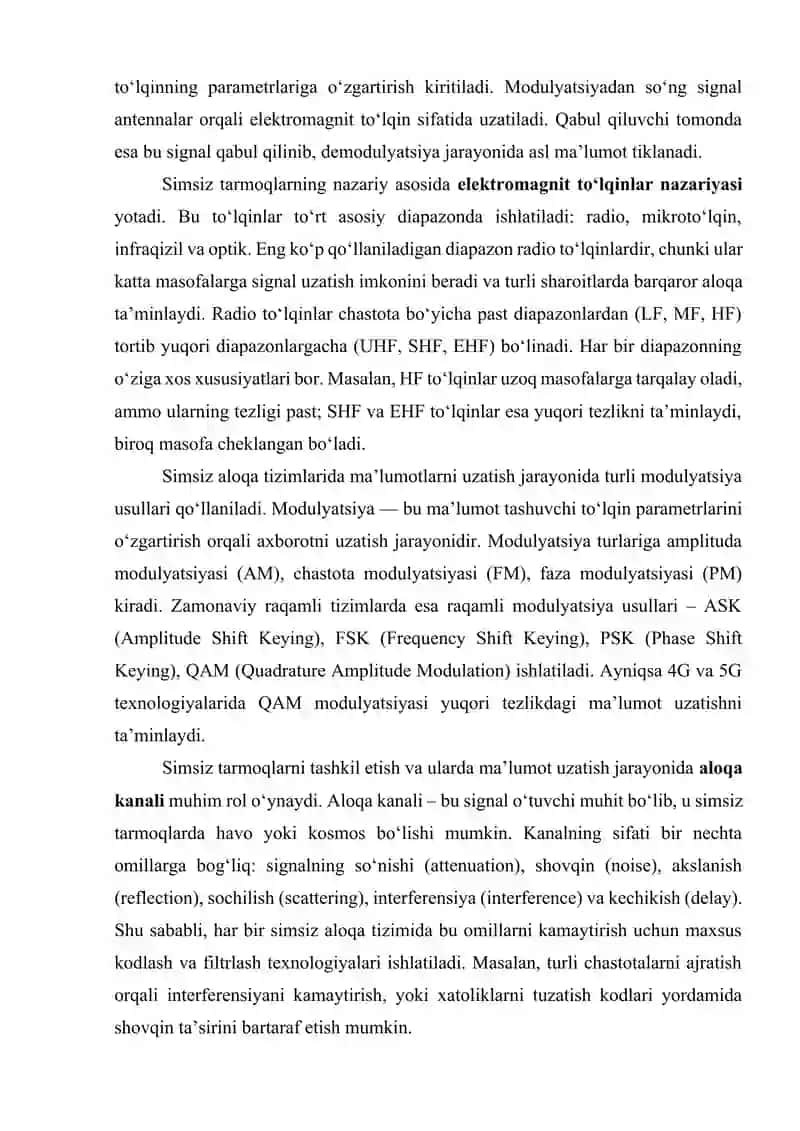 Simsiz tarmoqlarda ma'lumotlarni uzatish asoslari. Aloqa kanallari boʻyicha ma'lumotlarni uzatish uchun signallarning turlari 4