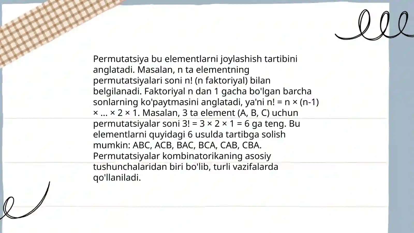 Kombinatorika mavzusidagi formulalar yordamida yechiladigan masalalar tuzish 4