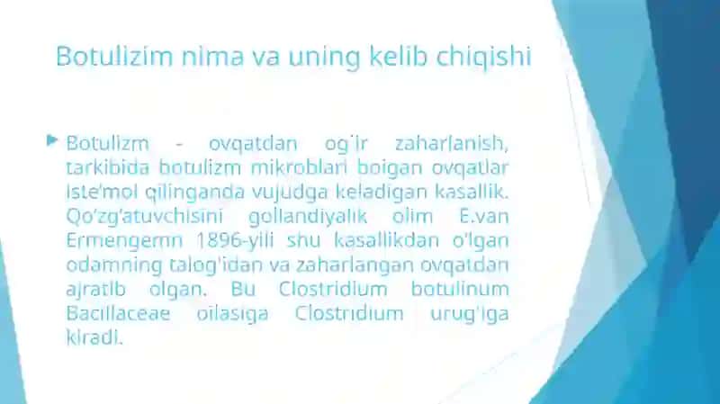 Botulizm qo‘zg‘atuvchisi va ularni amaliyotdagi ahamiyati, diagnostikasi. 4