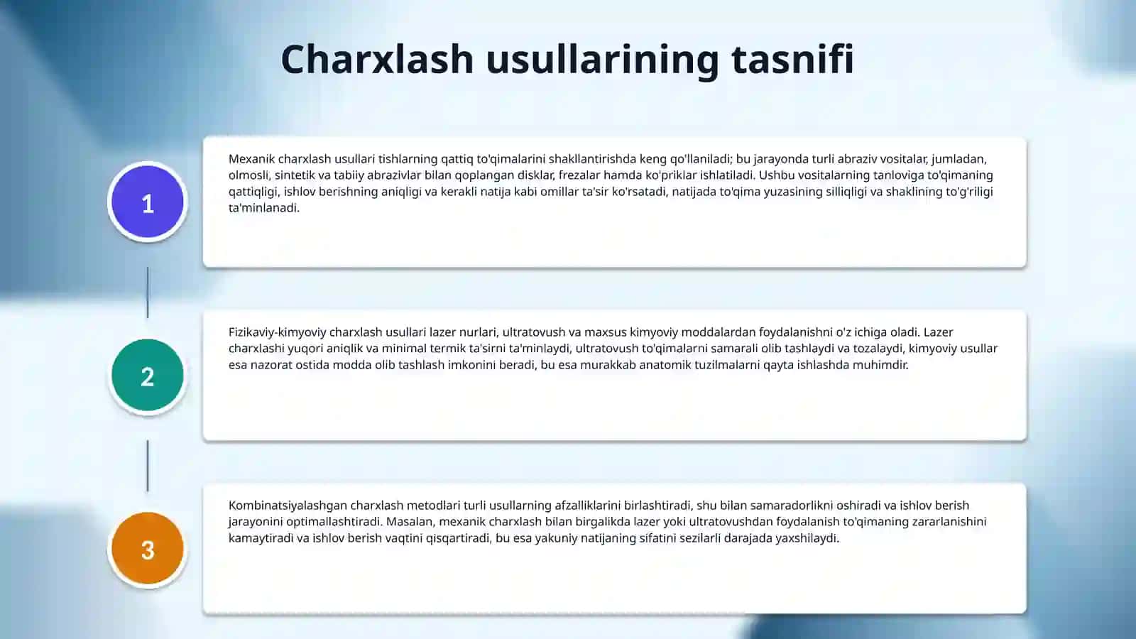 Tishlarning qattiq to'qimalarini charxlash usuli (texnikasi). 4