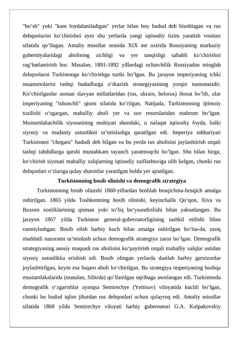 Rossiya imperiyasining Turkistonda ko‘chirish siyosati 4