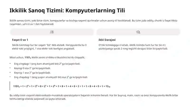 Sanoq Tizimlari: Ikkilik, Sakkizlik va O'nlik 4