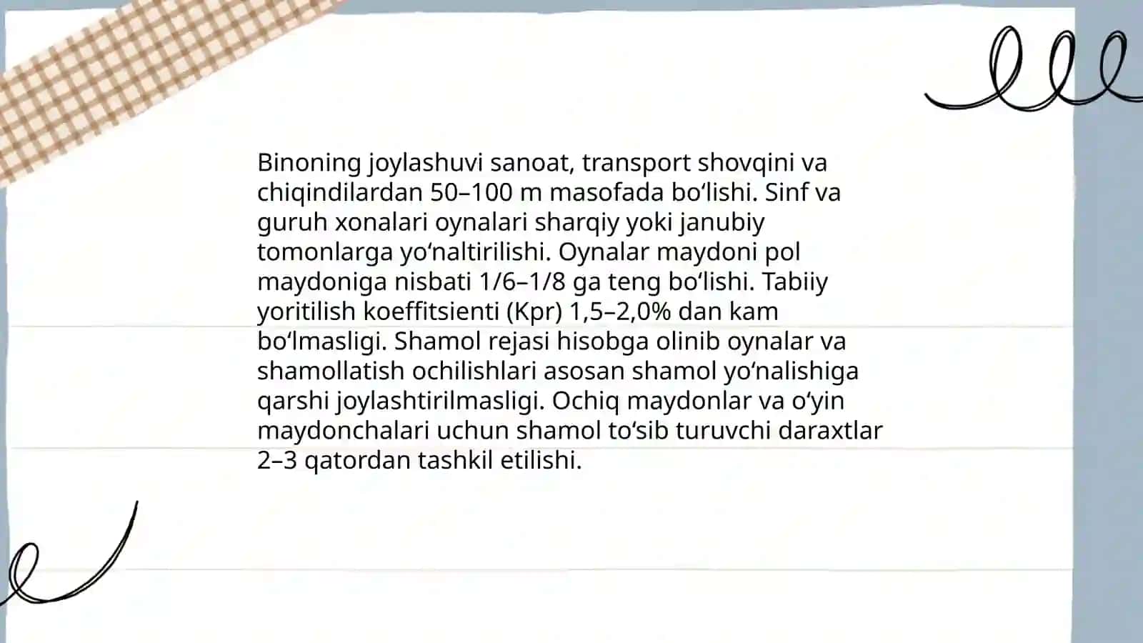 Bolalar muassasalarini loyihalashtirish, qurish va jihozlashga boʻlgan gigiyenik talablar 4