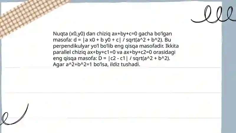 Nuqtadan toʻgʻri chiziqgacha boʻlgan masofa 4