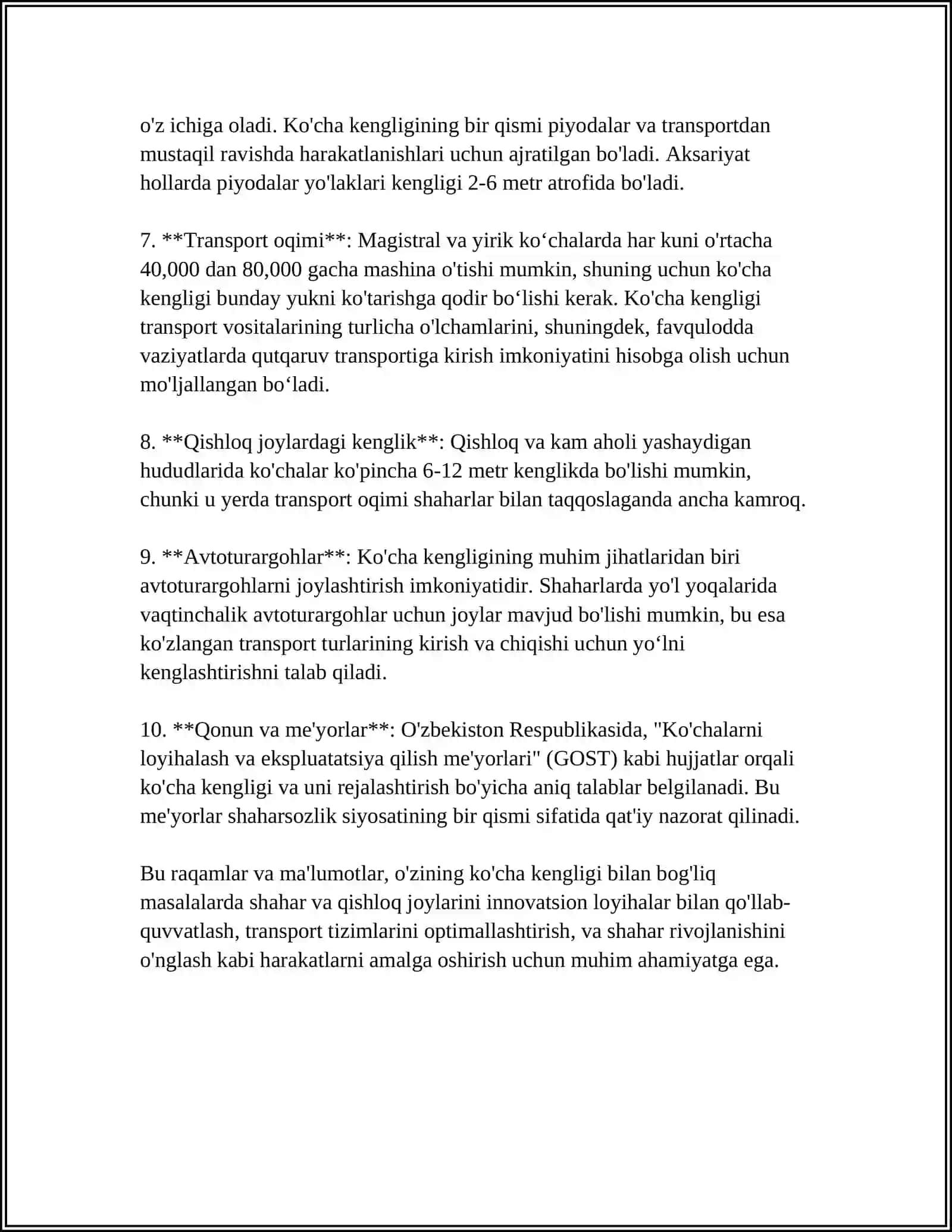 BERILGAN YOʻL (KO'CHA )BO'LAGINI GEOMETRIK ÔLCHAMLARINI ANIQLASH 4