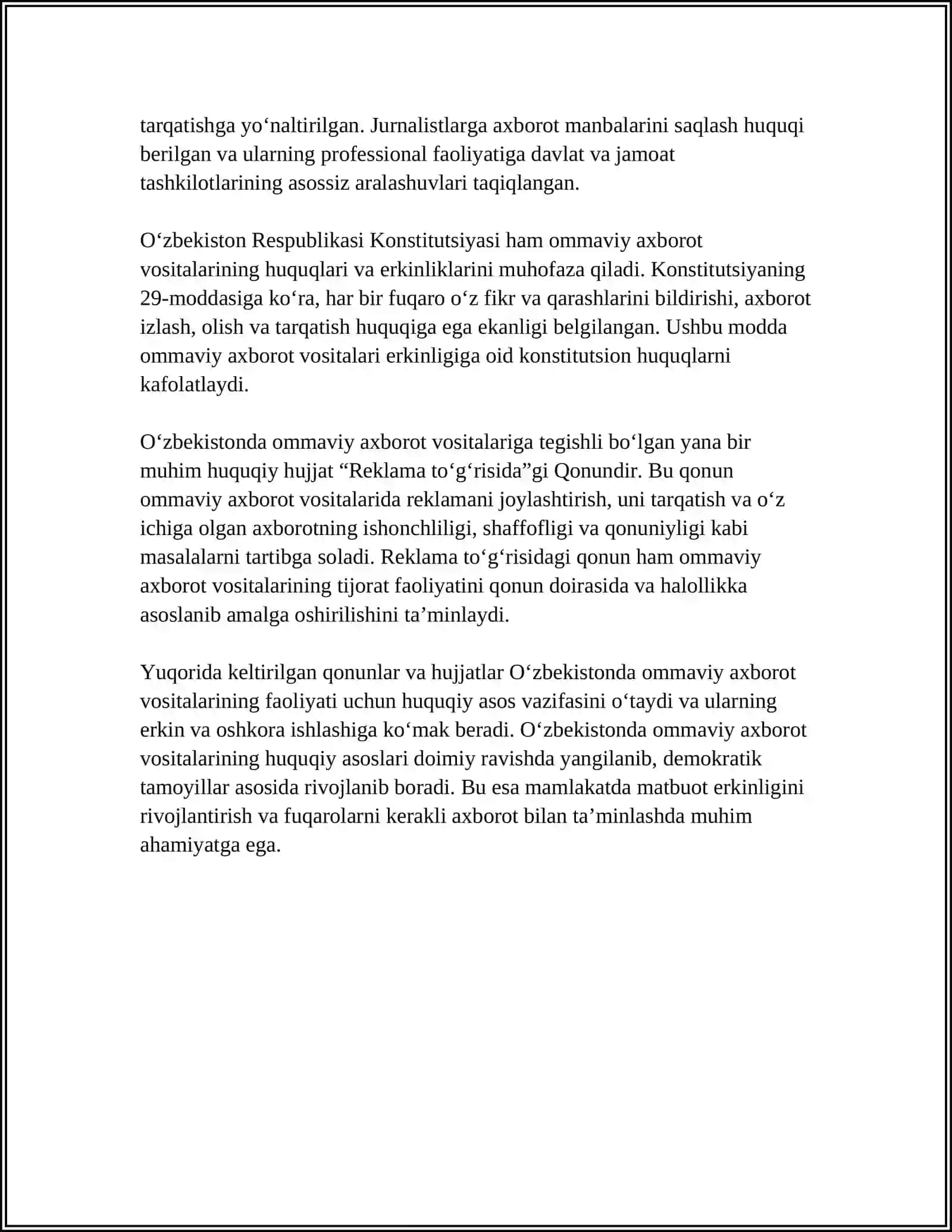 OʻZBEKISTON RESPUBLIKASIDA OMMAVIY AXBOROT VOSITALARINING FAOLIYATI 4