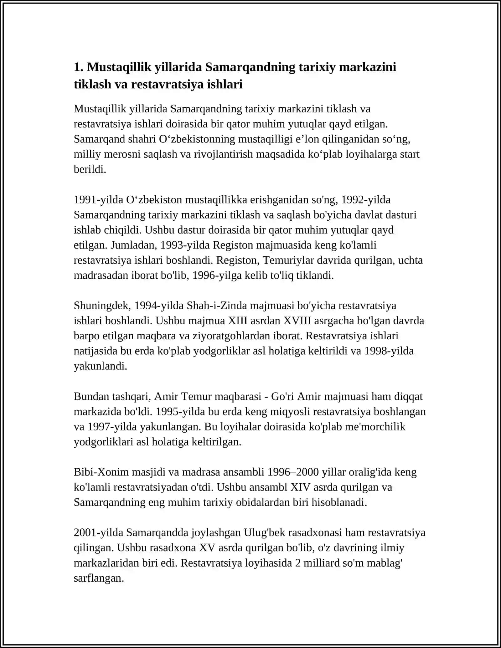 MUSTAQILLIK DAVRIDA SAMARQANDDAGI BUNYODKORLIK ISHLARI 4