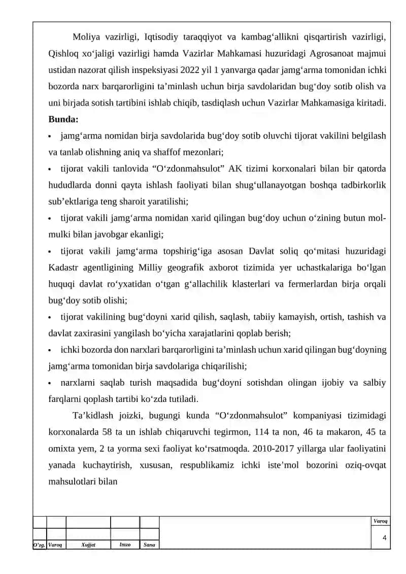 vati 360 t/kun bo‘lgan tegirmonda 2- navli 78% (Oliy hamda 1-nav) un ishlab chiqarish texnologiyasini tashkil etish. (Oqlash uskunasi) mavzusidagi bitiruv malakaviy ishining 4