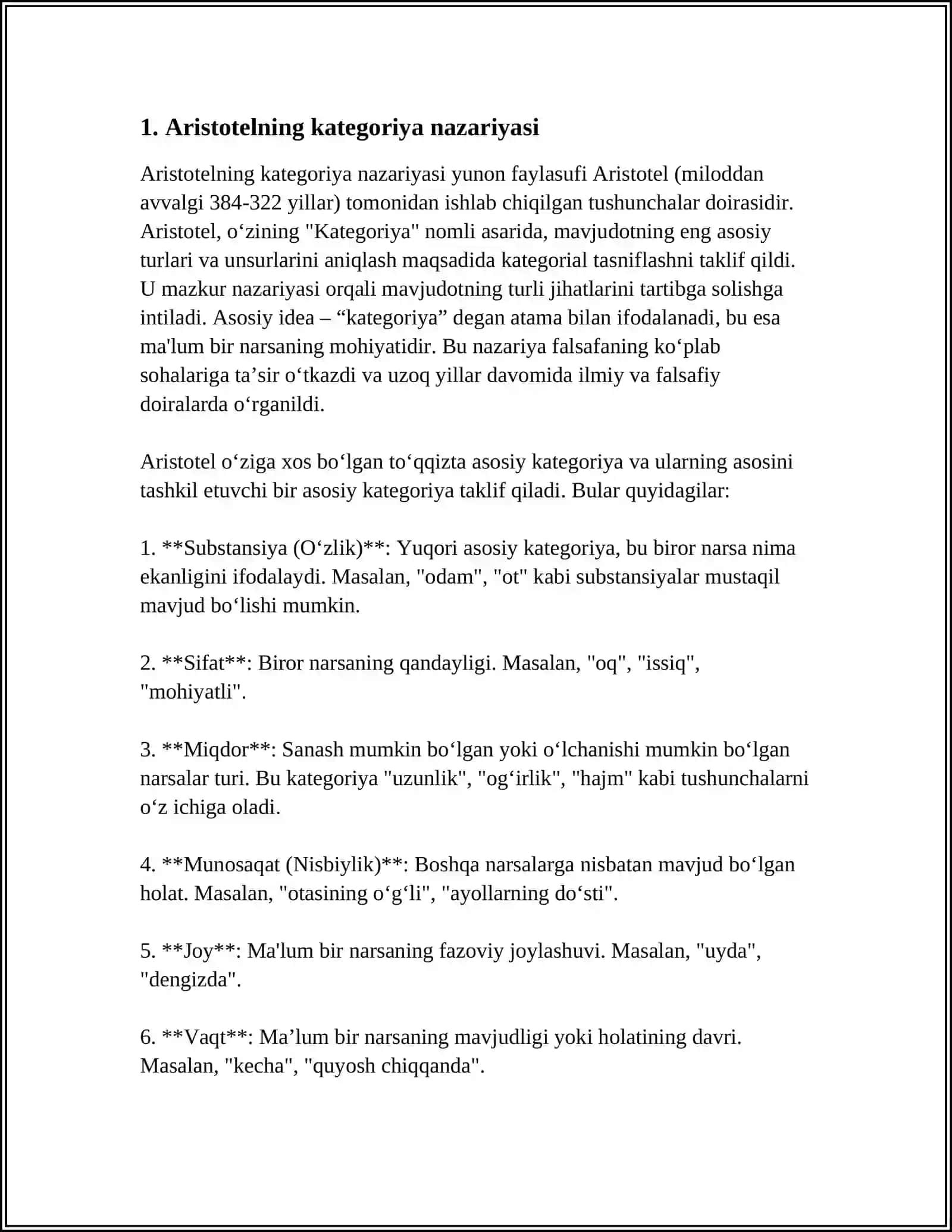 ARISTOTEL, FAROBIY VA KANT ONTOLOGIYASIDA KATEGORIYALARNING TASNIFI 4