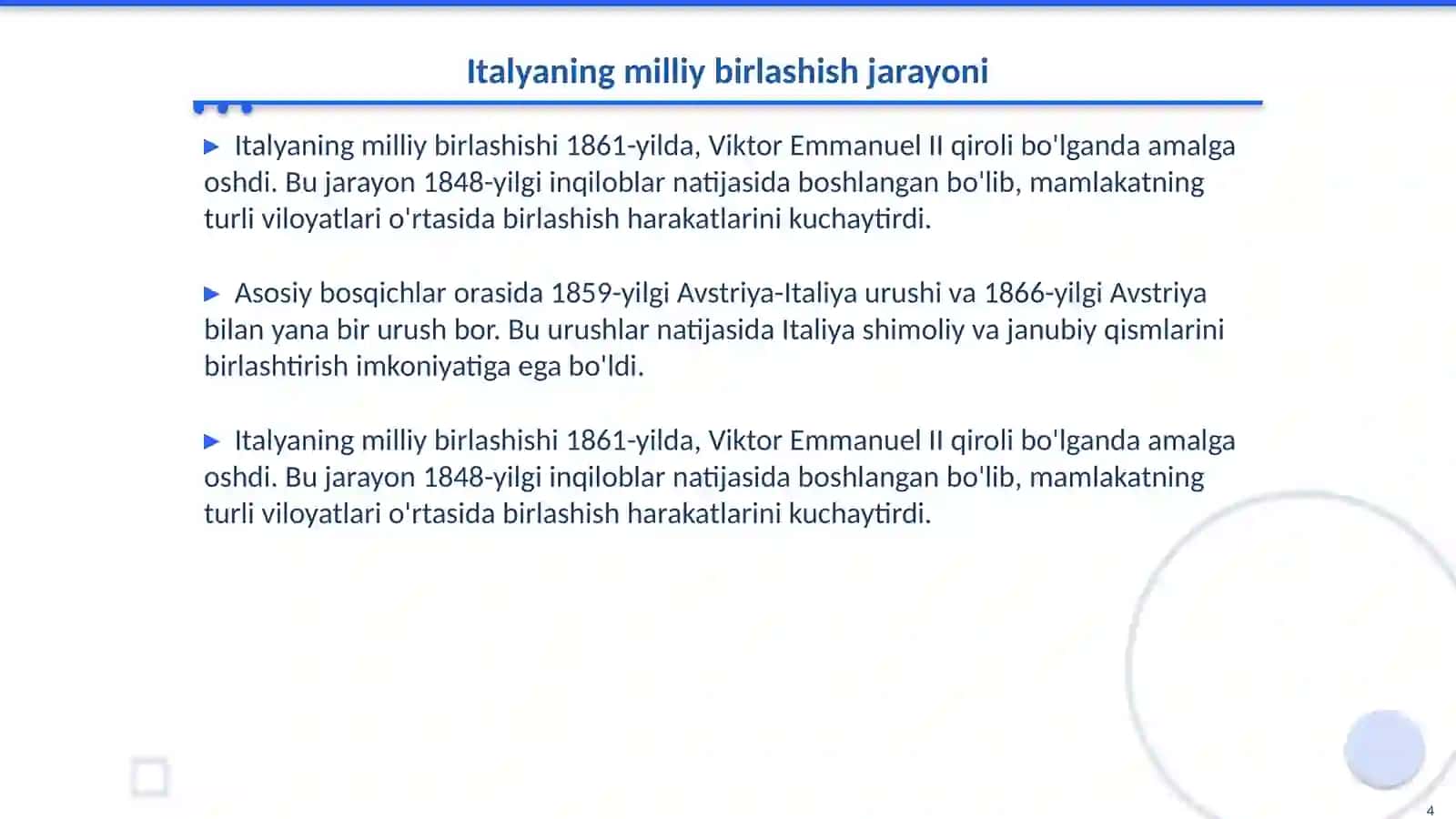 O. Bismarkning tutgan o'rni. Italyaning milliy birlashishi 4