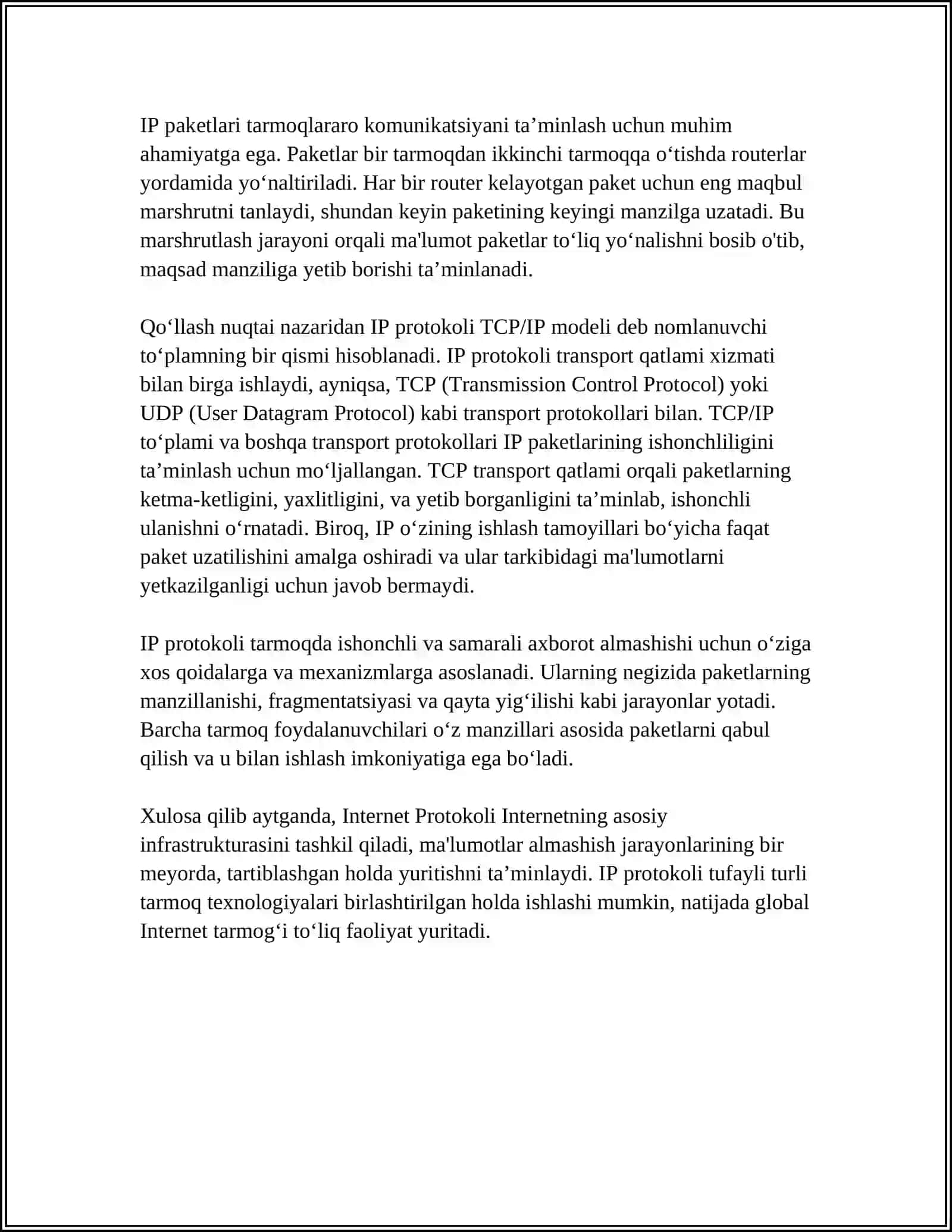 RAQAMLI TARMOQLARDA MA'LUMOTLARNI ALMASHINISHDA QO'LLANILADIGAN PROTOKOL TURLARI VA ULARNING XOSSALARI 4