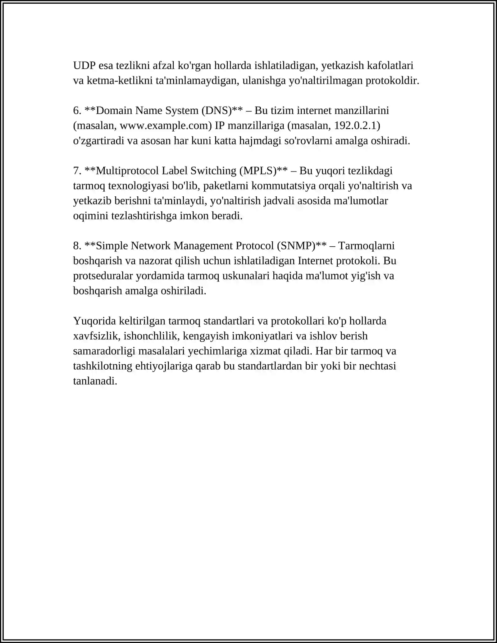 TARMOQ STANDARTLARI, PROTOKOLLARI VA XIZMATLARI. INTERNET TARMOGʻIGA BOGʻLANISH USULLARI. WEB-SERVIS XIZMATLARI 4