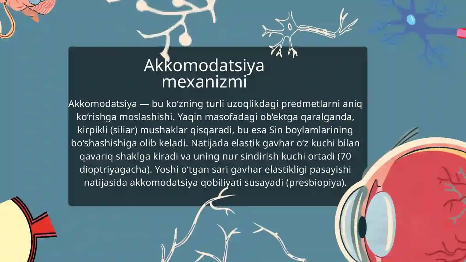 Koruv analizatori. Kozning optik va retseptor tizimi. 4