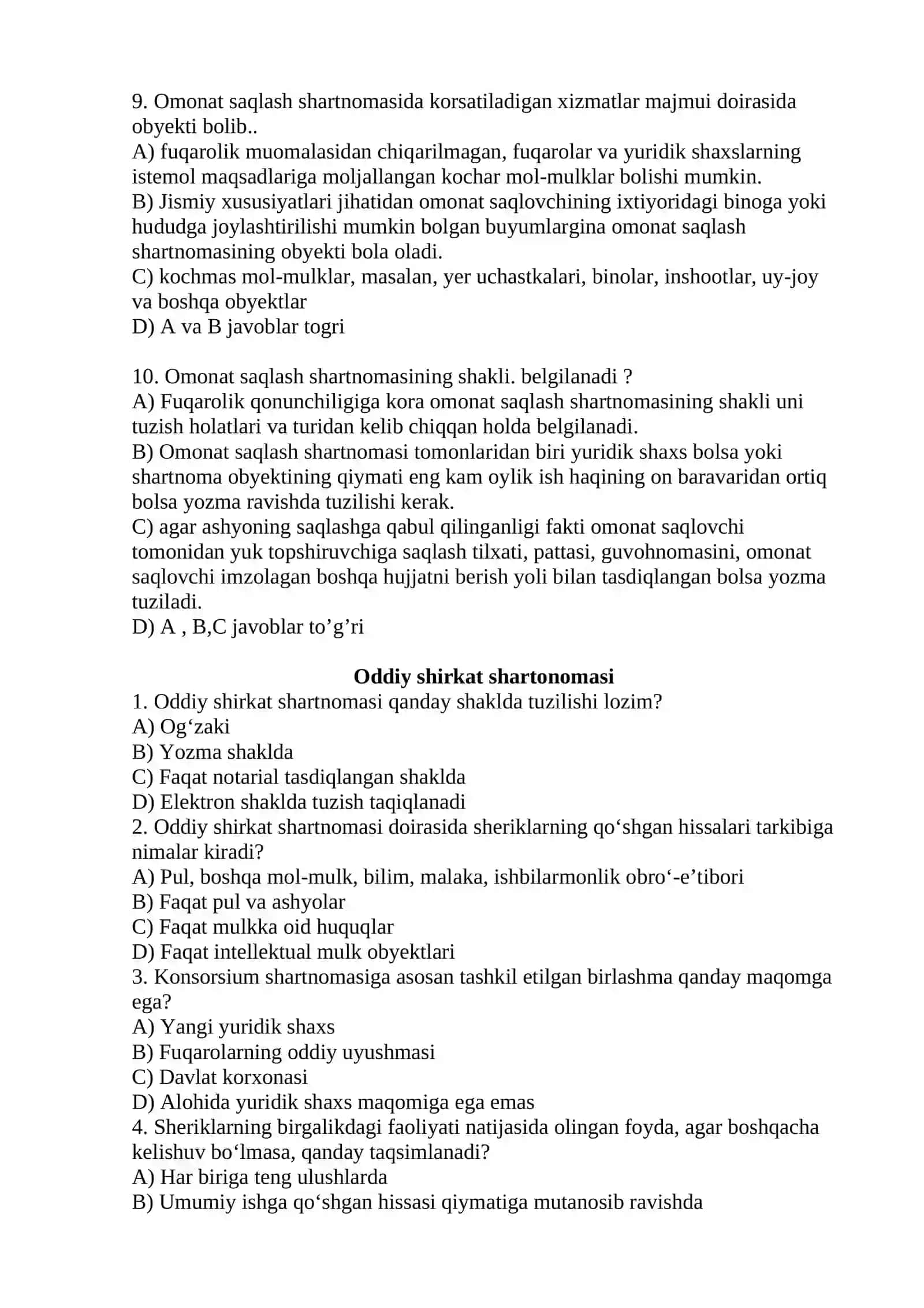 Omonat saqlash shartnomasi test 4