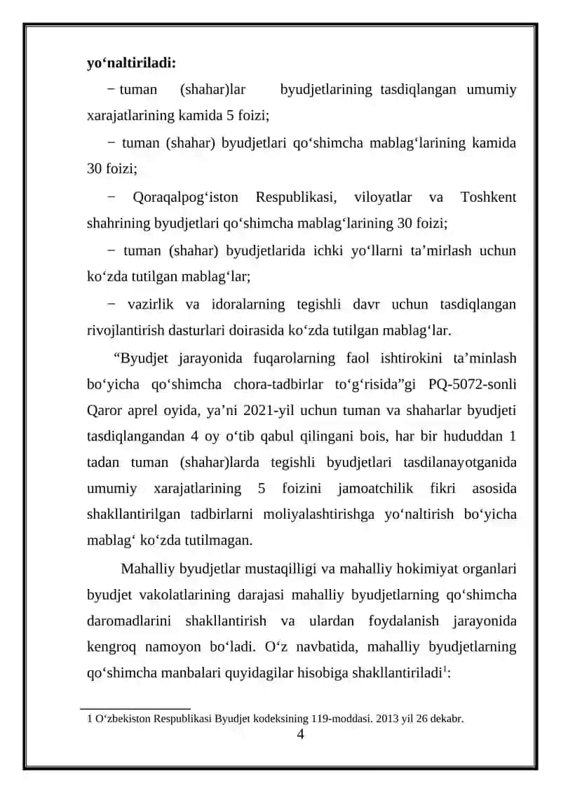 Mahalliy budjetning qo’shimcha daromad manbalari va ularning tarkibi 4