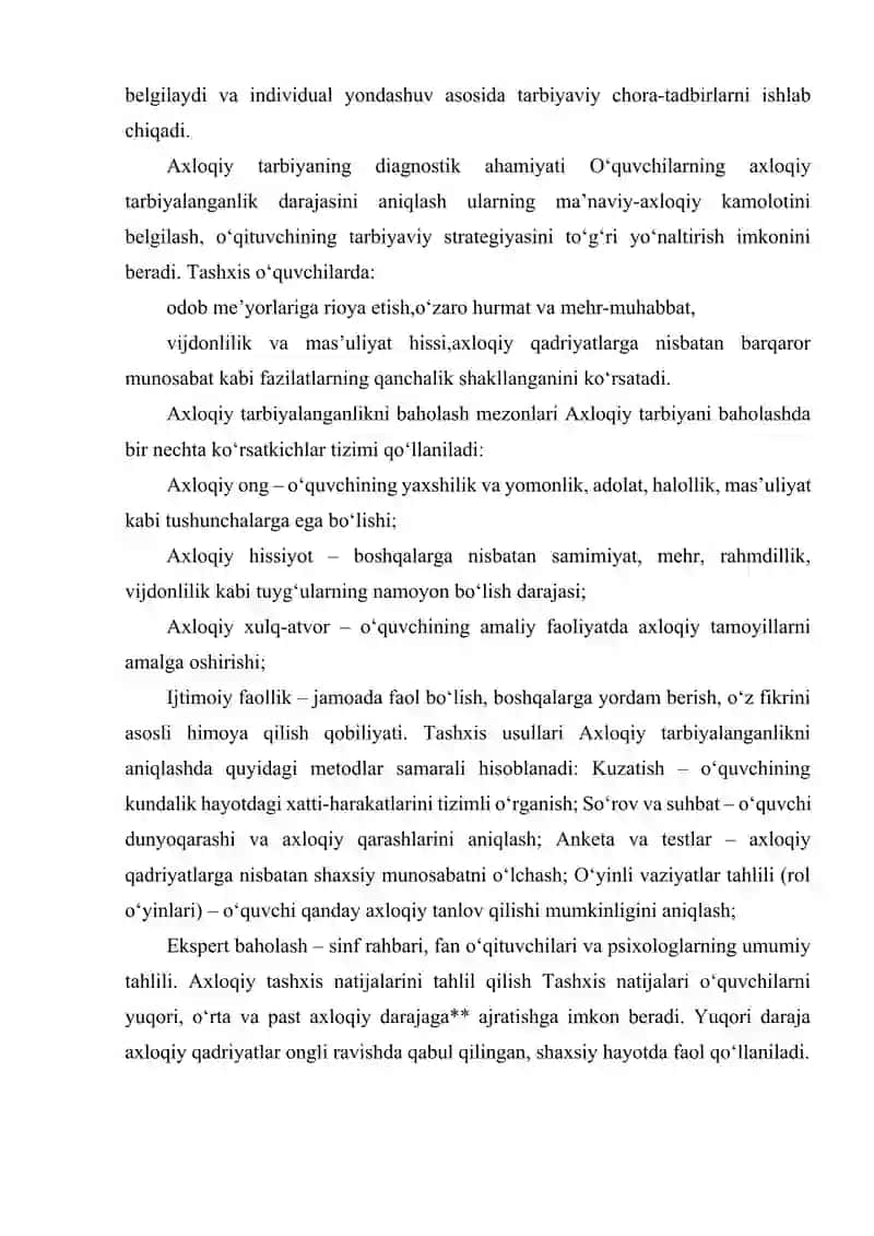 O'QUVCHILARNING AXLOQIY TARBIYALANGANLIK DARAJASINI TASHXIS ETISH 4
