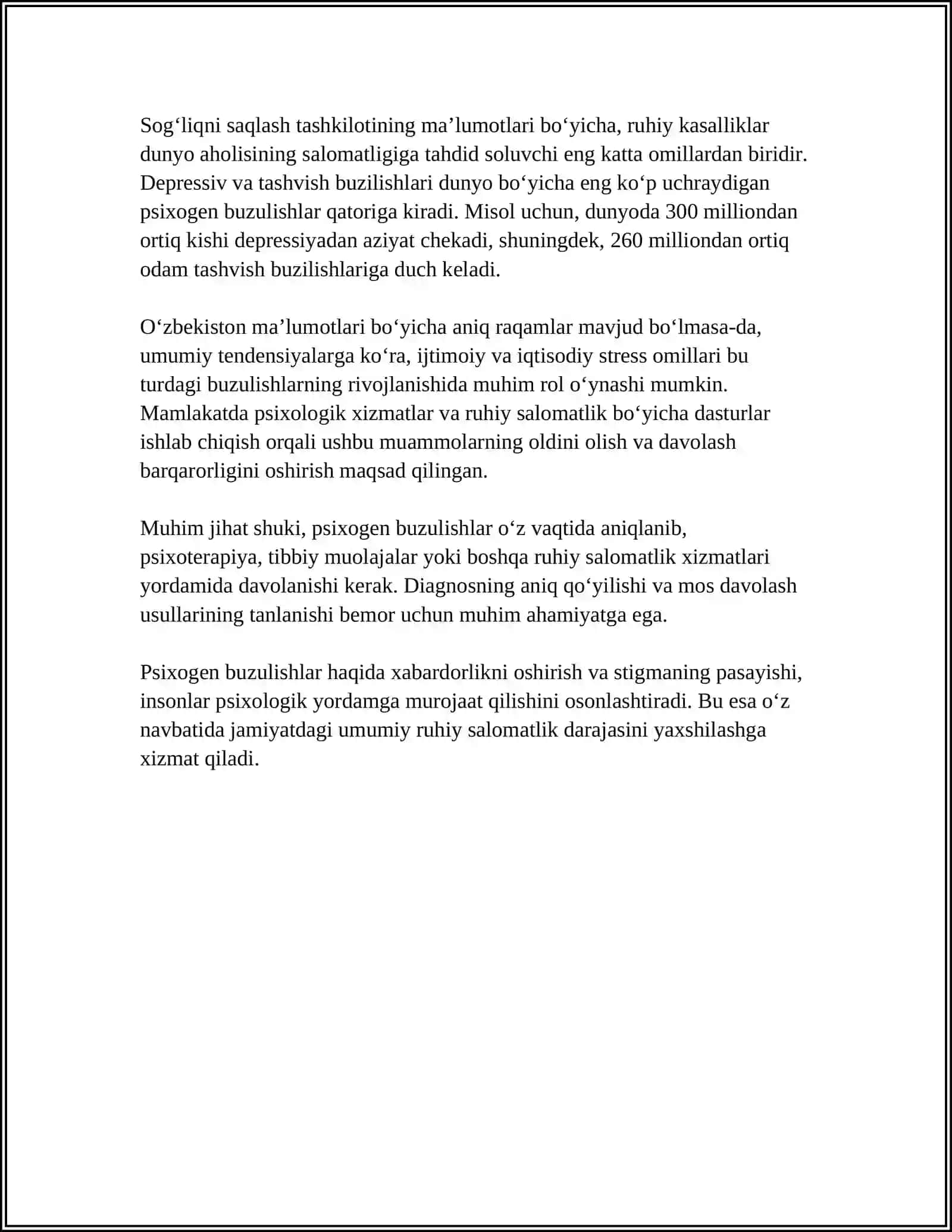 PSIXOGEN BUZILISHLAR VA ULARNI DAVOLASHDA PSIXOLOGIK YORDAMNI URNI 4