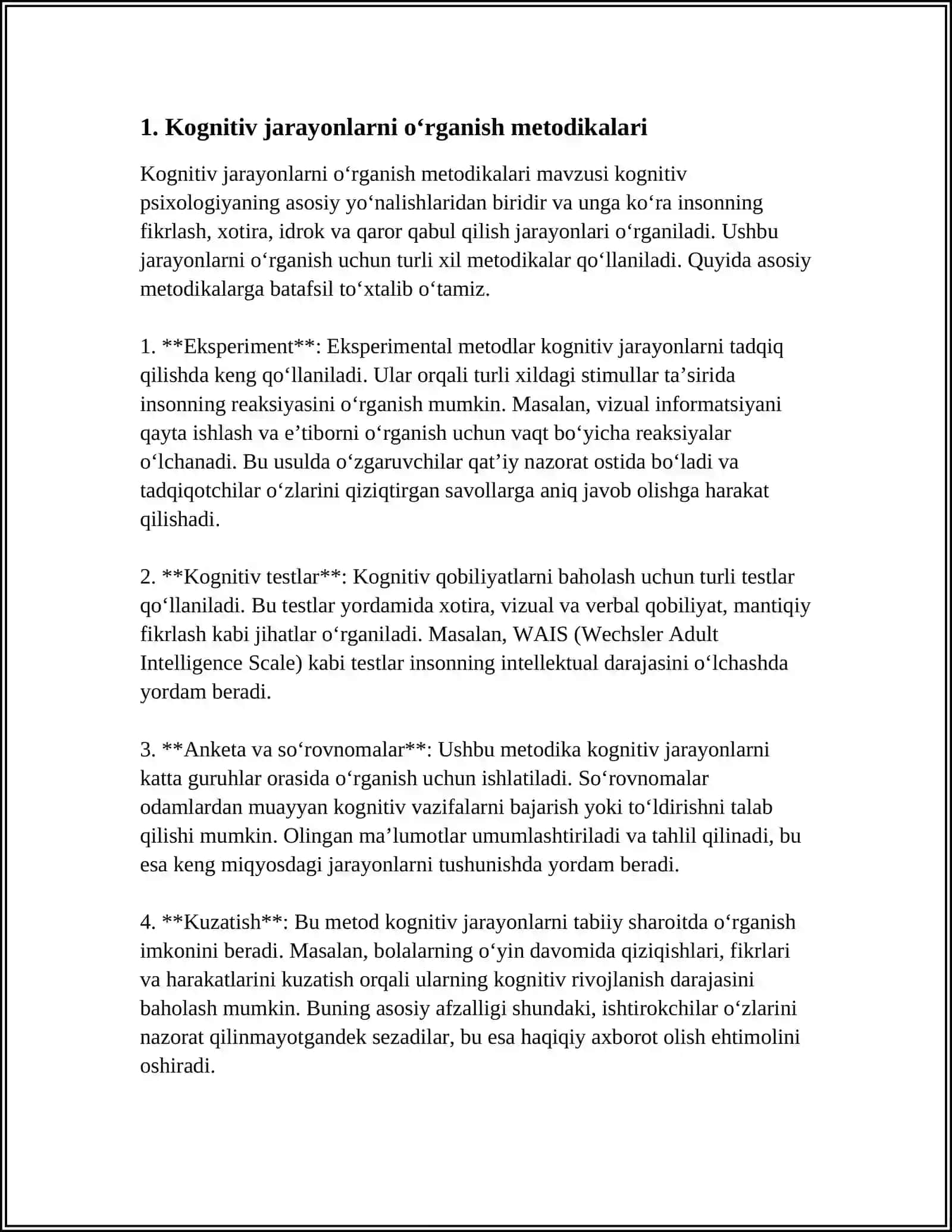 BILISH JARAYONLARINI TEKSHIRISH METODIKALARINI ÕRGANISH VA QÕLLASH USULLARI. KREATIVLIK VA KREATIVLIKKA XOS XUSUSIYATLAR 4