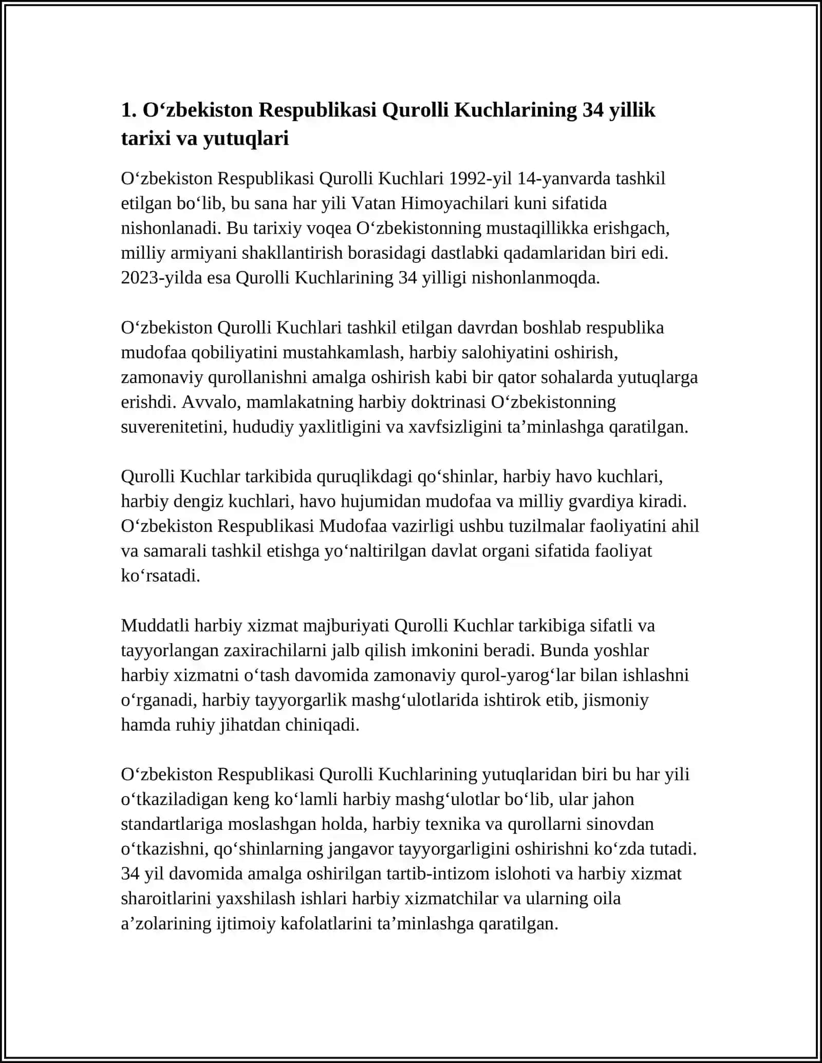 O‘ZBEKISTON RESPUBLIKASI QUROLLI KUCHLARINING 34 YILLIGI HAMDA VATAN HIMOYACHILARI KUNI 4