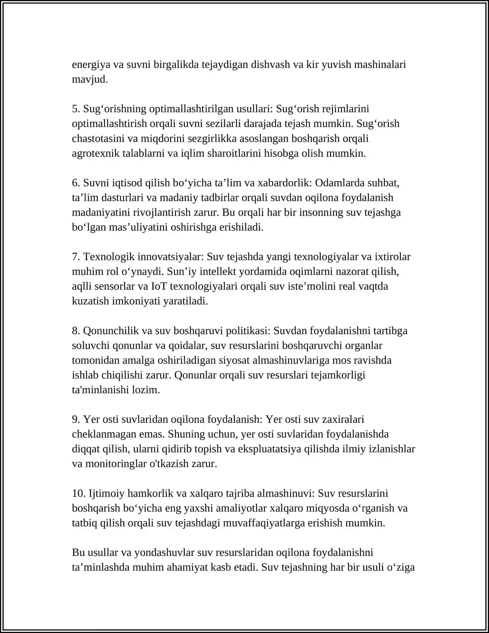 Suv resurslaridan oqilona foydalanish va suv tejash usullari 4