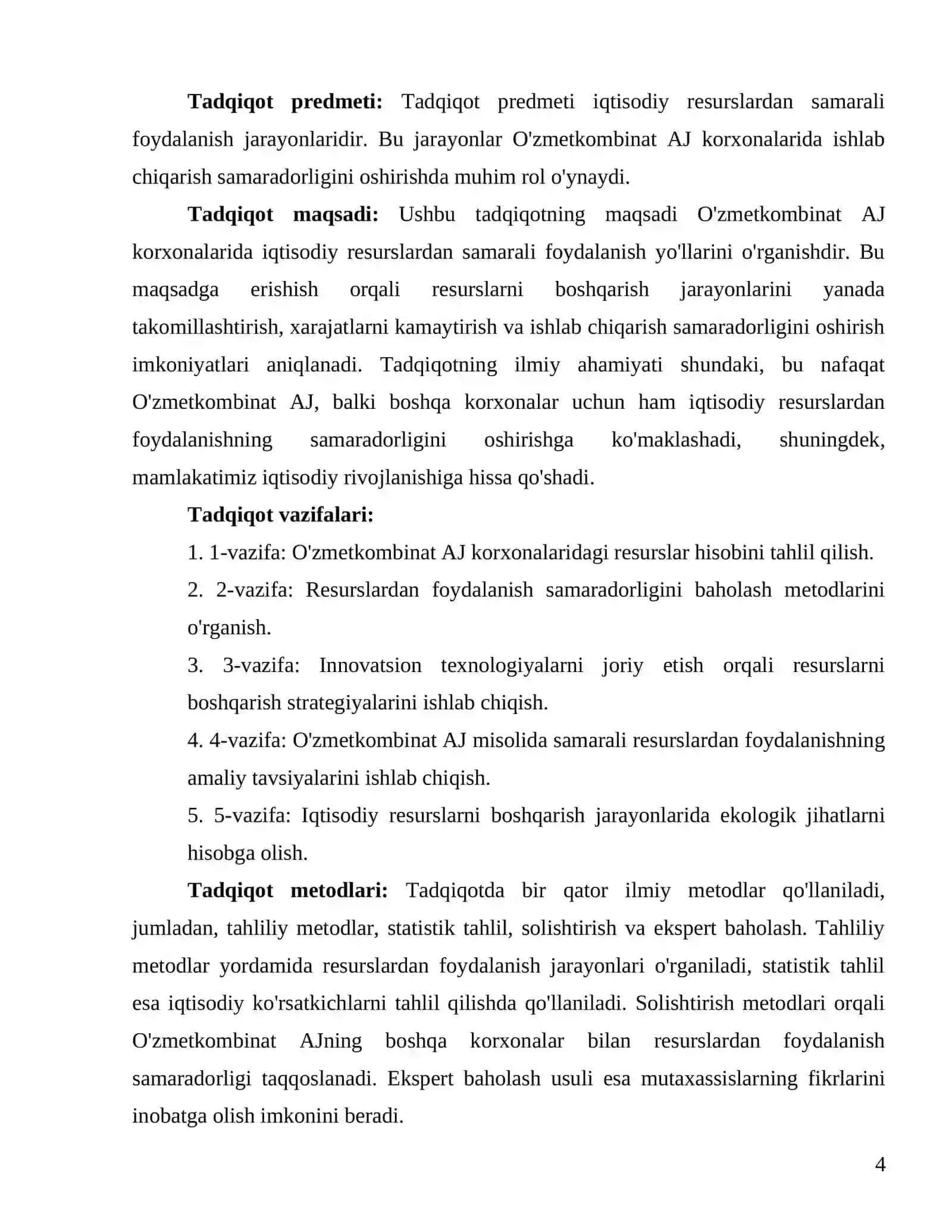 "O'zmetkombinat" AJ korxonalarida iqtisodiy resurslardan samarali foydalanish yo'llari 4