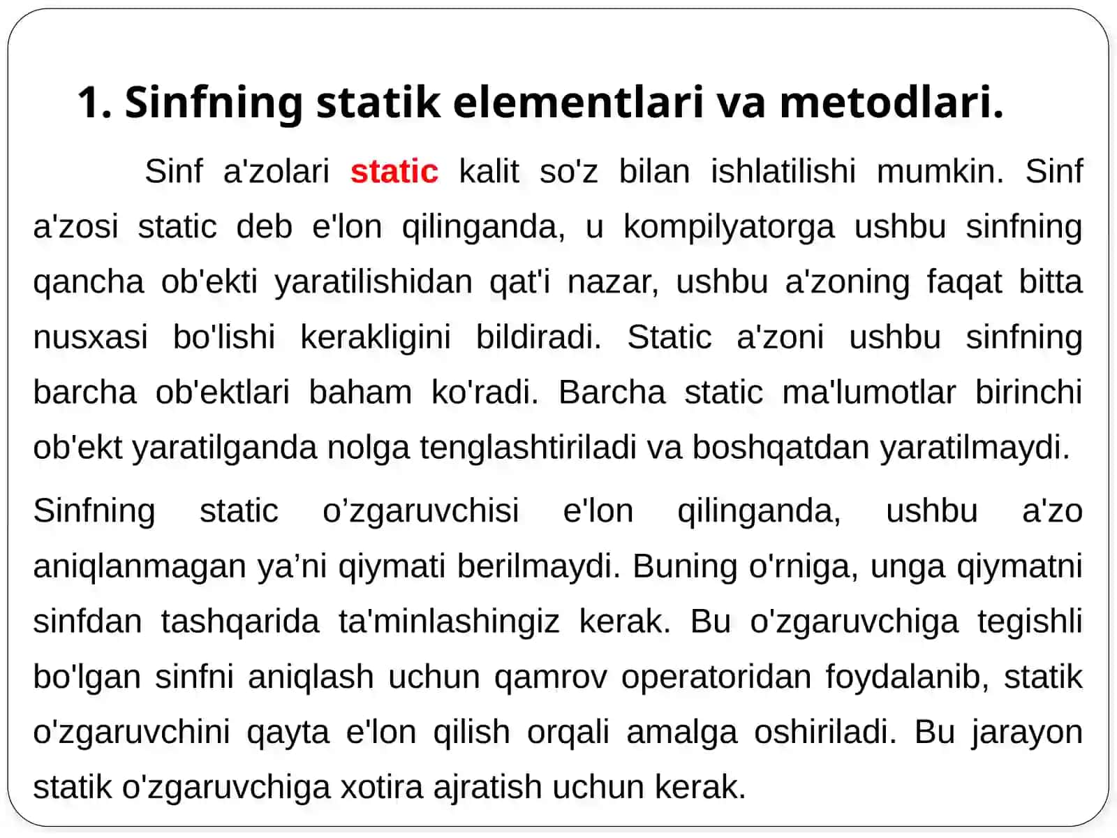 Sinfning statik elementlari va metodlari 4