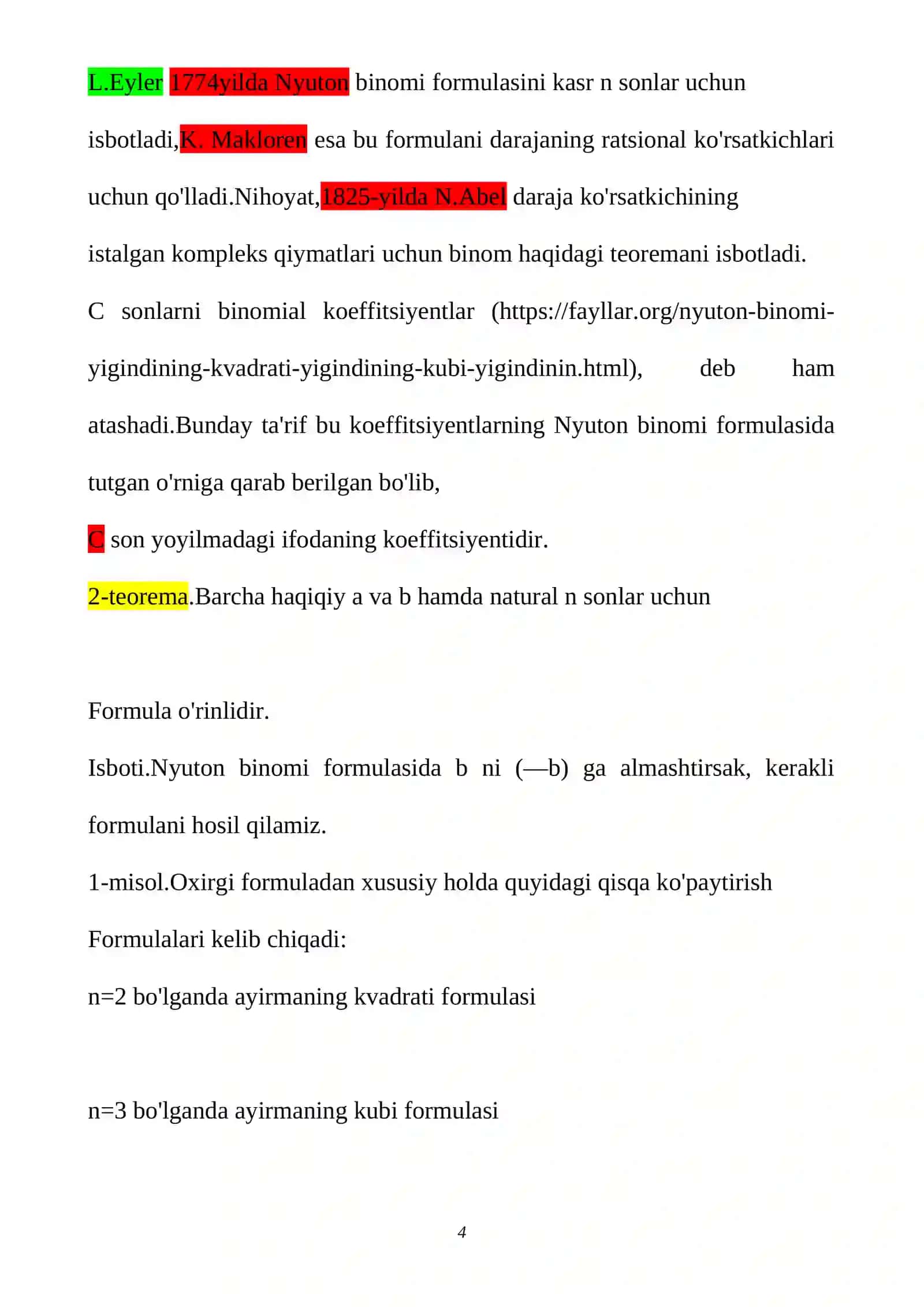Nyuton binonimi. Binomial koeffietsientlarning xossalari 4