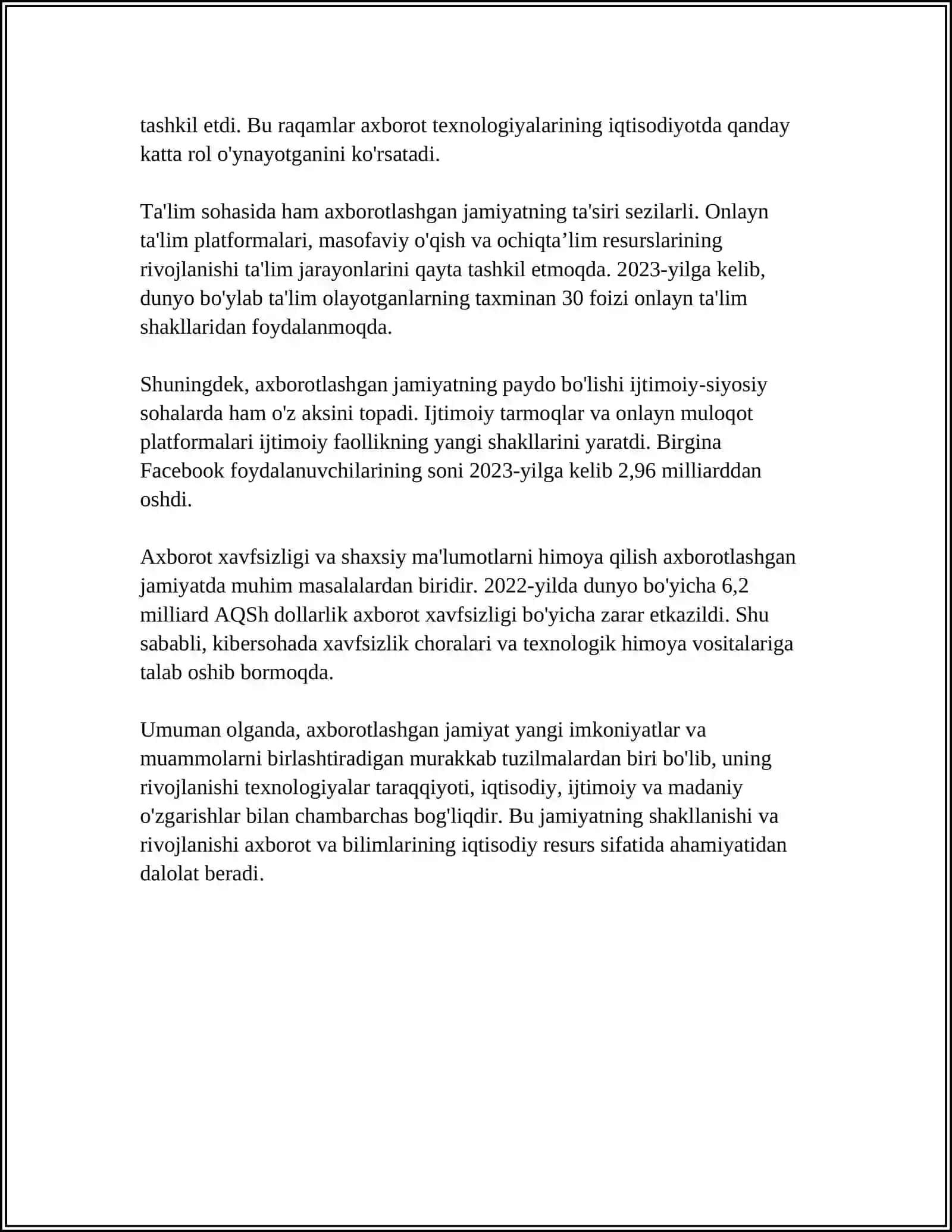 MUSTAQIL ISH Mavzu: AXBOROTLASHGAN JAMIYAT VA UNING ISTIQBOLLARI 4