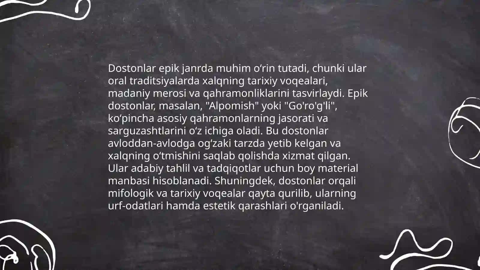 Xalq ogʻzaki ijodida matn anʼanasi. Epik janrlarda adabiy badiiy qoliplar va anʼanaviy tasvir vositalari 4