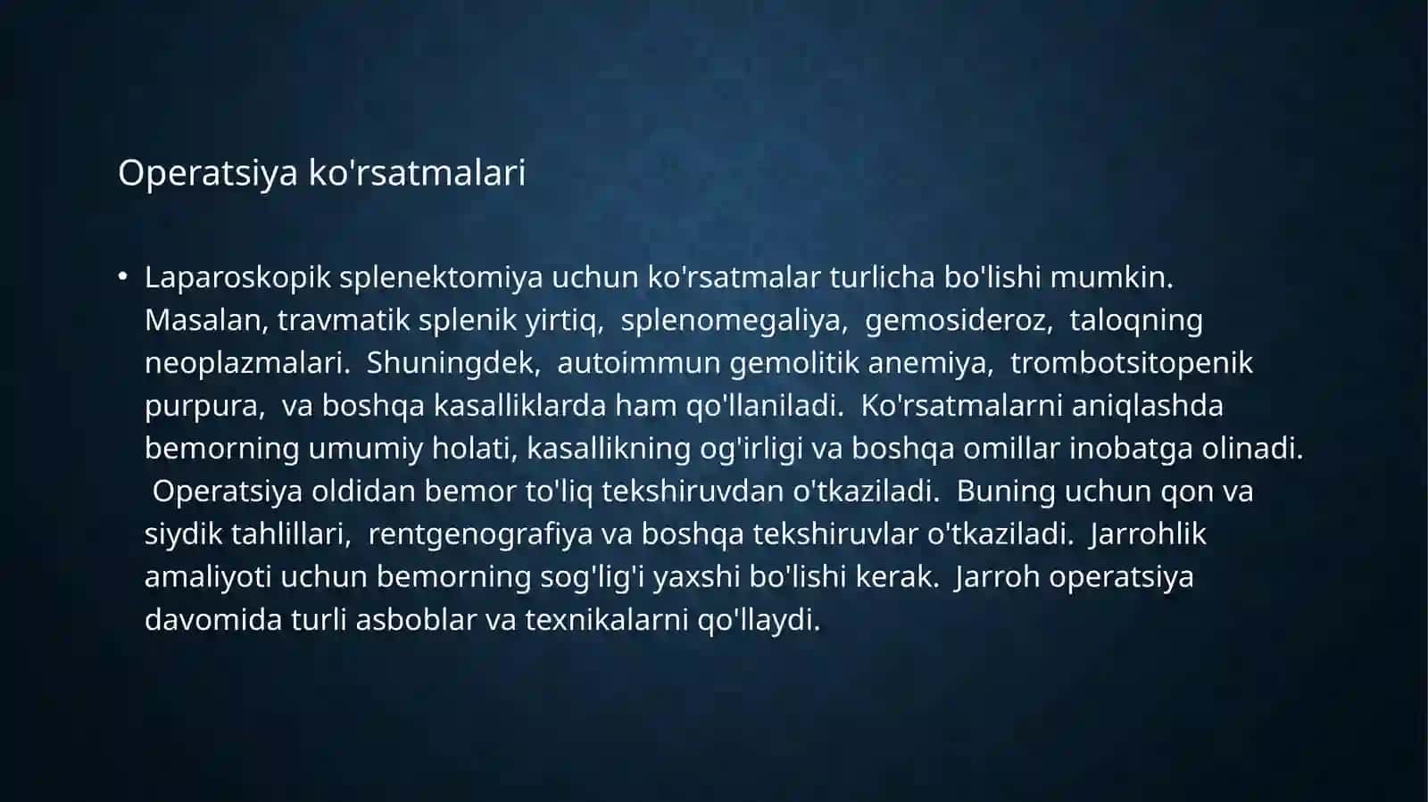 Laparoskopik splenektomiya. O‘t chiqarish yo‘llarining atreziyalarida operatsiyalar 4