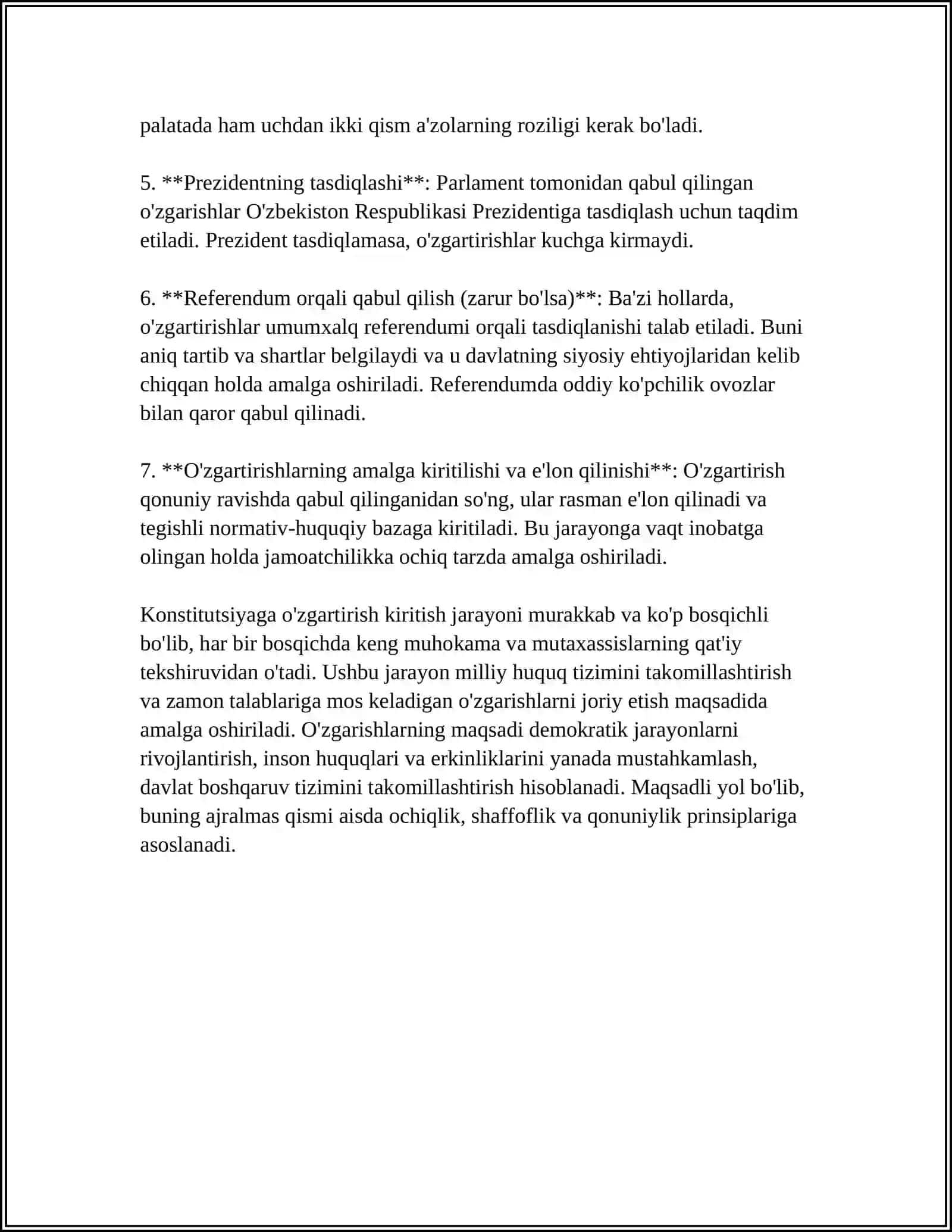 O'ZBEKISTON RESPUBLIKASI KONSTITUTSIYASIGA O'ZGARTIRISH VA QO'SHIMCHALAR KIRITISH TARTIBI 4