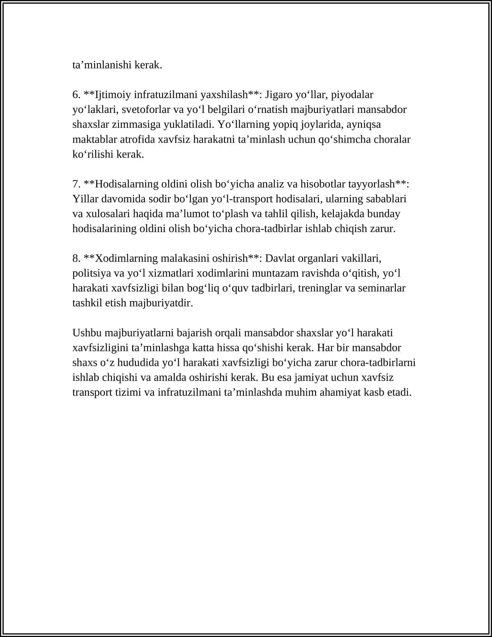 MANSABDOR SHAXSLARNING VA FUQAROLARNING YOʻL HARAKATI XAVFSIZLIGINI TAMINLASH, BOʻYICHA MAJBURIYATLARI 4